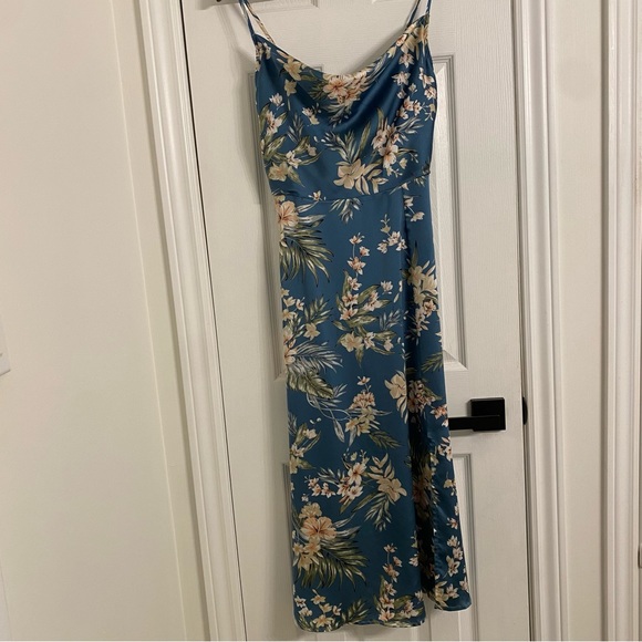 Drape Neck Floral Dress-Teal - Picture 3 of 5